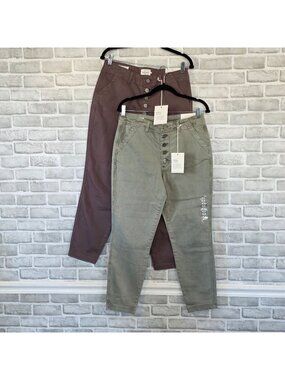 Bohme Lot of 2 High Waisted Button Fly Skinny Pants NWT 30 Mocha Sage Cotton Spa